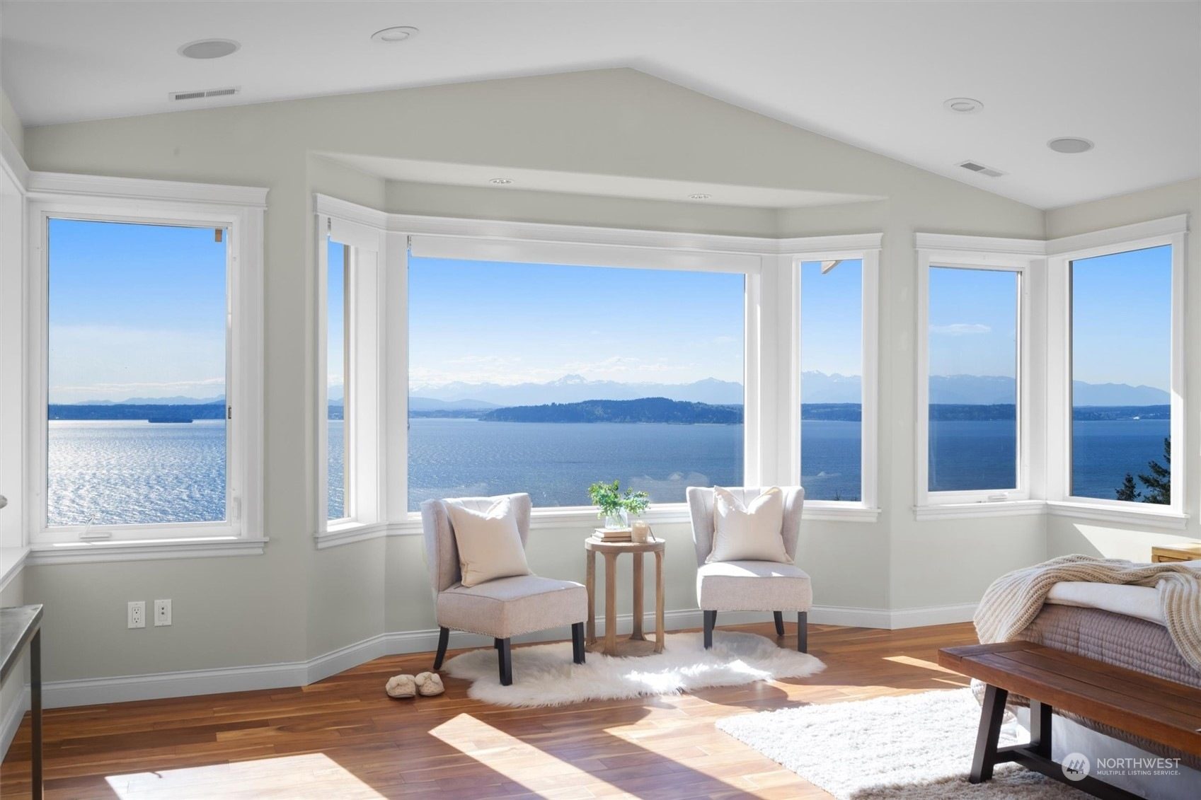 Bedroom with panoramic Puget Sound and Olympic Mountain views on Genesee Hill